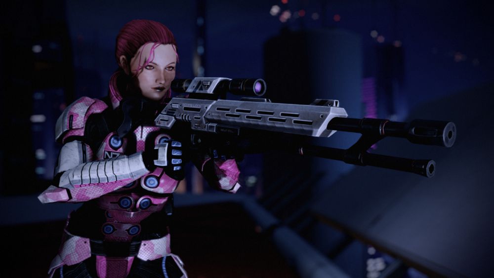 A half-body shot of klemshep, aiming a large, futuristic-looking sniper rifle. She is wearing a bulky suit of armor that is primarily pink and white with black accents, and she is looking intently down the scope of the weapon. The background is a dark, nighttime cityscape with blurred lights.