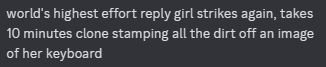 discord: "world's highest effort reply girl strikes again, takes 10 minutes clone stamping all the dirt off an image of her keyboard"