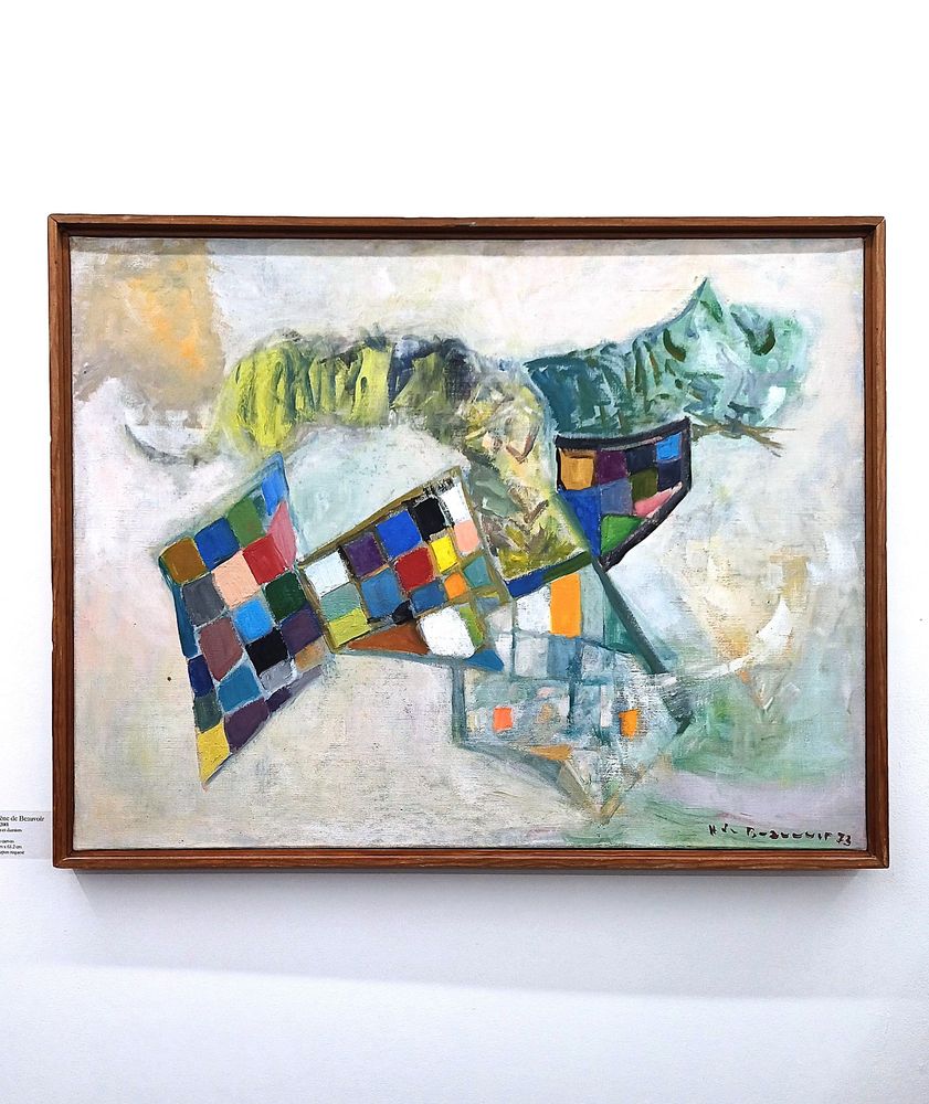 'tigres et damiers', a loosely painted green tiger with abstract multi-coloured chequerboard, by Hélène de Beauvoir