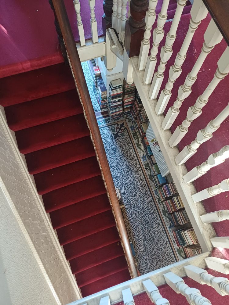 Looking down a stairwell with red carpet, mosaic floor and piles of books