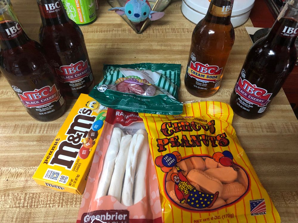 IBC Black cherry drinks. M&Ms. Circus Peanuts. Dog chews. Fruit slices. 