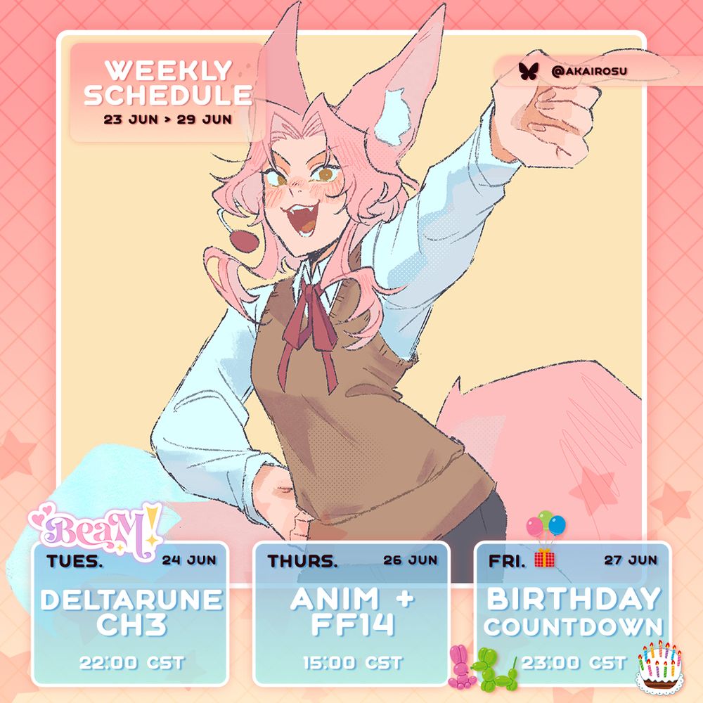 weekly stream schedule for @miichiik00
23 JUN → 29 JUN

TUES → BeaM! plays Deltarune @ 22:00 CST
THURS → Work + FF14 Stream @ 15:00 CST
FRI → Birthday Karaoke @ 23:00 CST

Schedule Design by me !!!
Art by @akairosu
BeaM! Logo by vgen.co/mymeluna