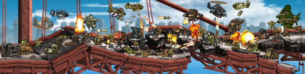 Background info: My mom suggested a piece featuring a battle on a broken bridge, which instantly reminded me of Mission 4 in Metal Slug 6. The background of that mission was the perfect fit for the piece I had in mind. However, it took me a while to get started, as I was unsure what specific scene I wanted to depict. Eventually, I decided on a Regular Army commando and a Rebel Army versus Ptolemaic Army scenario. This is by far my largest piece with slightly over 100 sprites. It required a lot of planning and finessing, but I'm happy with the final result.