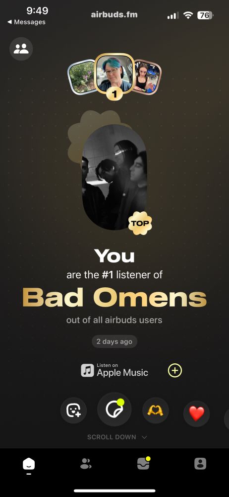 Screen shot of Airbuds showing I am the #1 listener for a day for Bad Omens 