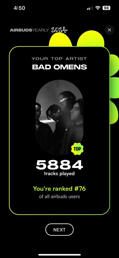 Screen shot of my top artist from Airbuds. Bad Omens. 