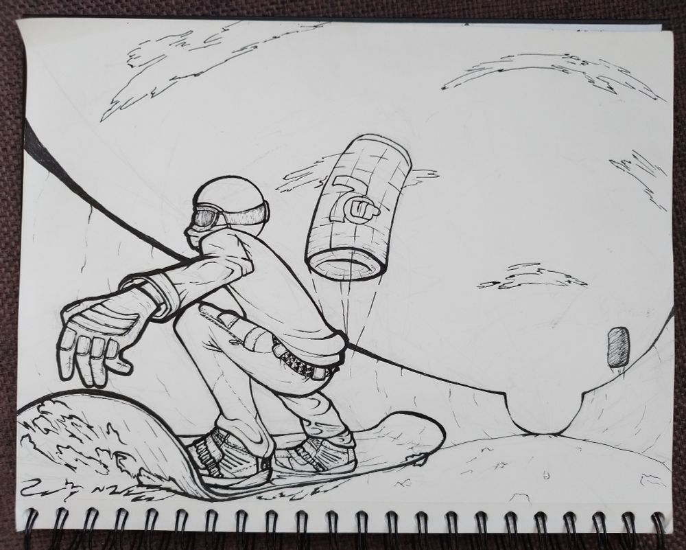 Black pen drawing of someone snowboarding 