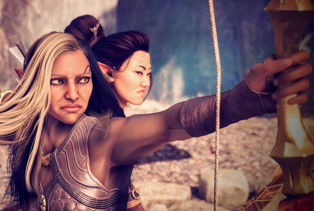 Two elven women. One blonde and one with black hair. The blonde is shooting a bow 