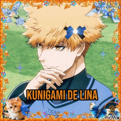 a picture of a boy with a bow in his hair and the name kunigami de lina