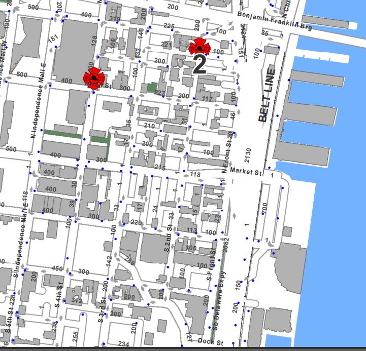 Map of Old City showing fire hydrants as blue dots