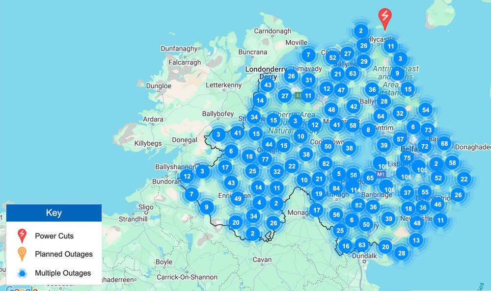 Graphic showing the number of power outages across Northern Ireland