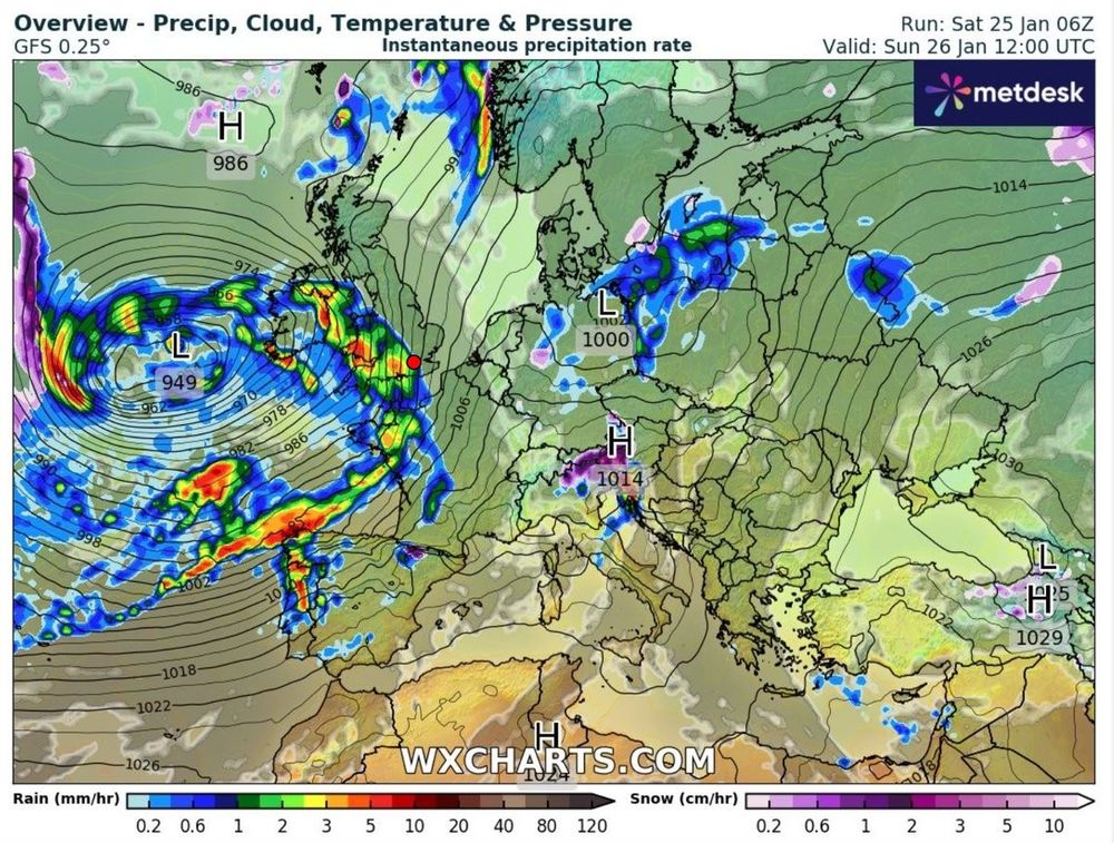 Graphic shows a deep area of low pressure pushing heavy amounts of rainfall to towards western Europe. Named Storm Herminia by the Spanish Met Service it is expected to bring heavy rain fall to the southwest of the UK followed by strong gusts of wind up to 70mph across southern and western coasts of Britain