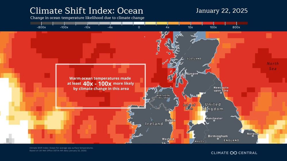 Graphic show how the warmer waters around the west of Ireland are deep shades of red. This shows temperatures of the oceans were 40-100x more likely due to climate change