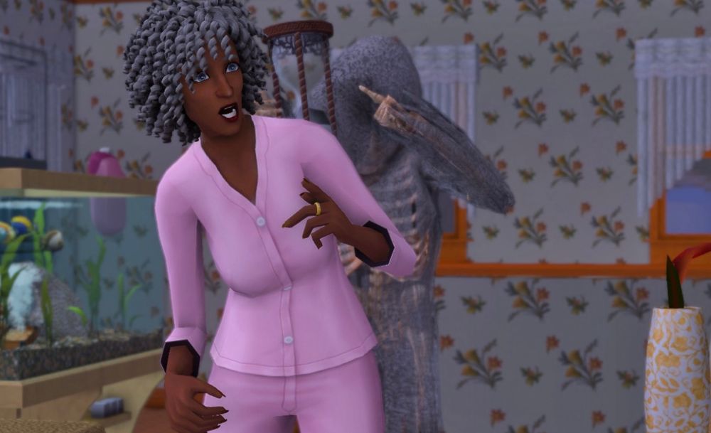 The grim reaper sneaking up on my elder sim holding an hourglass 