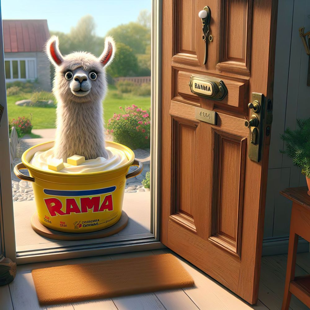 KI-generiertes Bild eines niedlichen Lamas im Rama-Topf, dass wohl gerade an der Haustür geklingelt hat.
