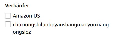 Screenshot von Amazon. Es werden zwei Verkäufer vorgeschlagen: Amazon oder chuxiongshiluohuyanshangmaoyouxiangongsioz.
