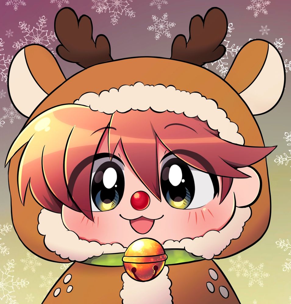 Teddy dressed as a brown reindeer. Hea wearing a green color with a bell. The background has snowflakes. 
