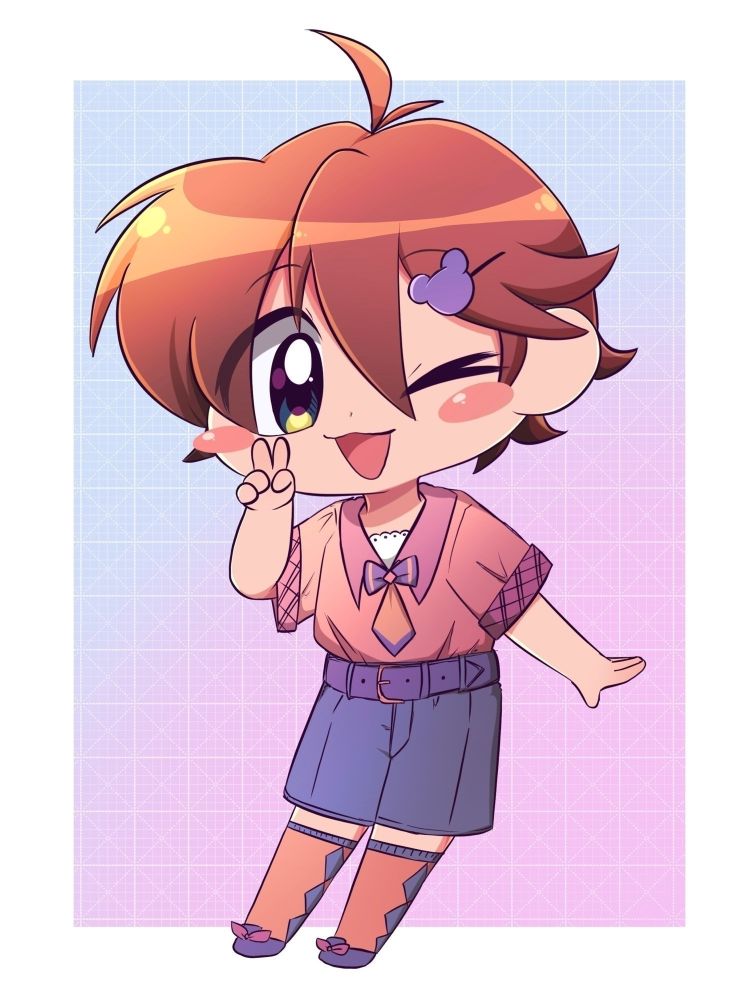 My oc Teddy. 

Teddy has reddish hair and big bright eyes that fade from blue to yellow.

Teddy is wearing a purple and coral outfit. He has a purple bear hair clip.

He's smiling happily and winking while doing a peace sign. 
