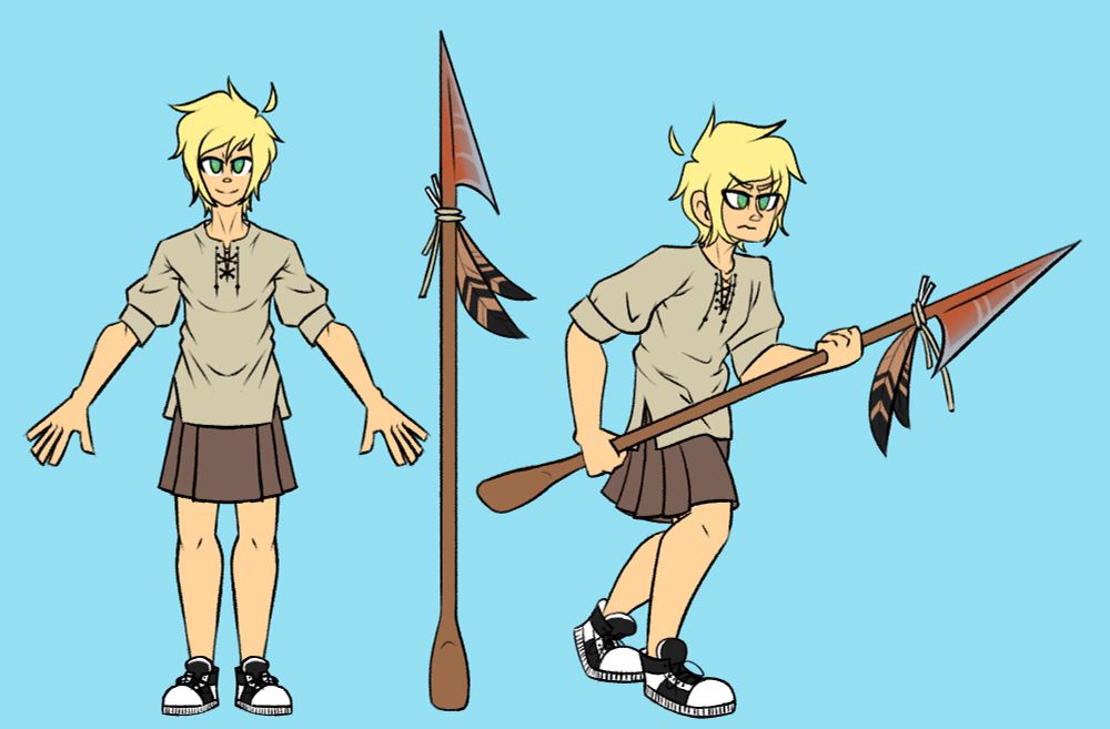 Blonde boyo with a tunic and kilt. His name is Max and he has no sense of self-preservation.