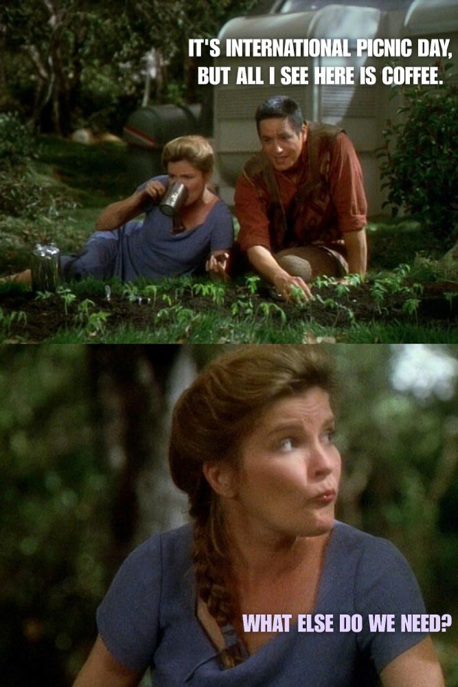 Two panel meme. Top image of Janeway and Chakotay on the ground gardening. Text by Chakotay: It's International Picnic Day, but all I see is coffee. Janeway is drinking coffee. 

Bottom image of Janeway with pursed lips, as if she has a mouthful of coffee. Text by Janeway: What else do we need? 