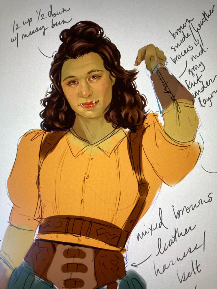 Work-in-progress painting of a young orc woman smiling softly in a gold blouse and leather halter. Scribbled notes indicate plans for the outfit.