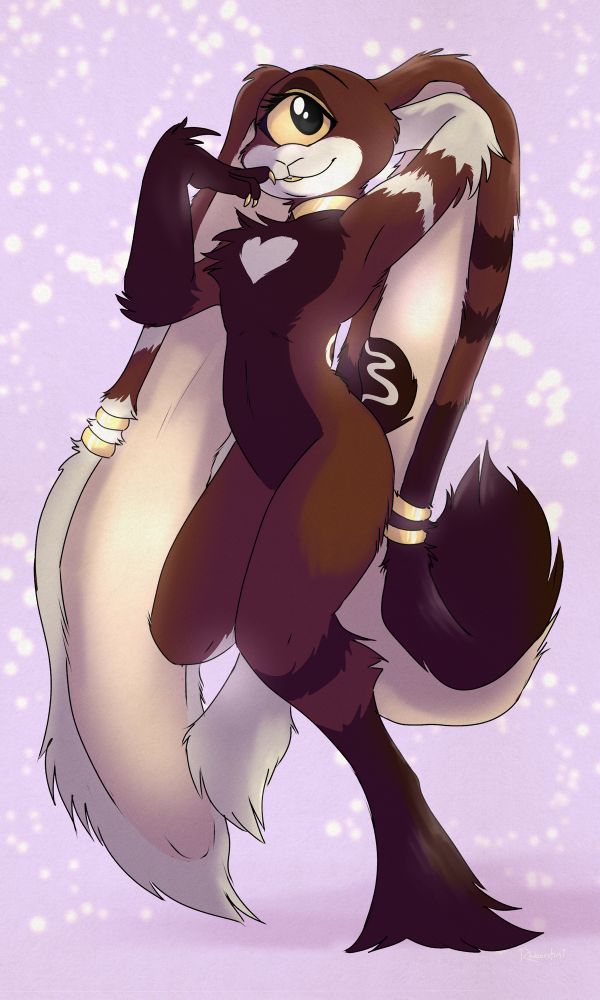 An illustration of an anthropomorphic cyclops bunny character, with long fluffy ears and limbs. She has decorative gold earrings and collar, with gold claws also visible on her hand. She is posed mid-motion, with a raised fluffy foot and her arm behind one ear, as if about to toss it in a glamorous way.