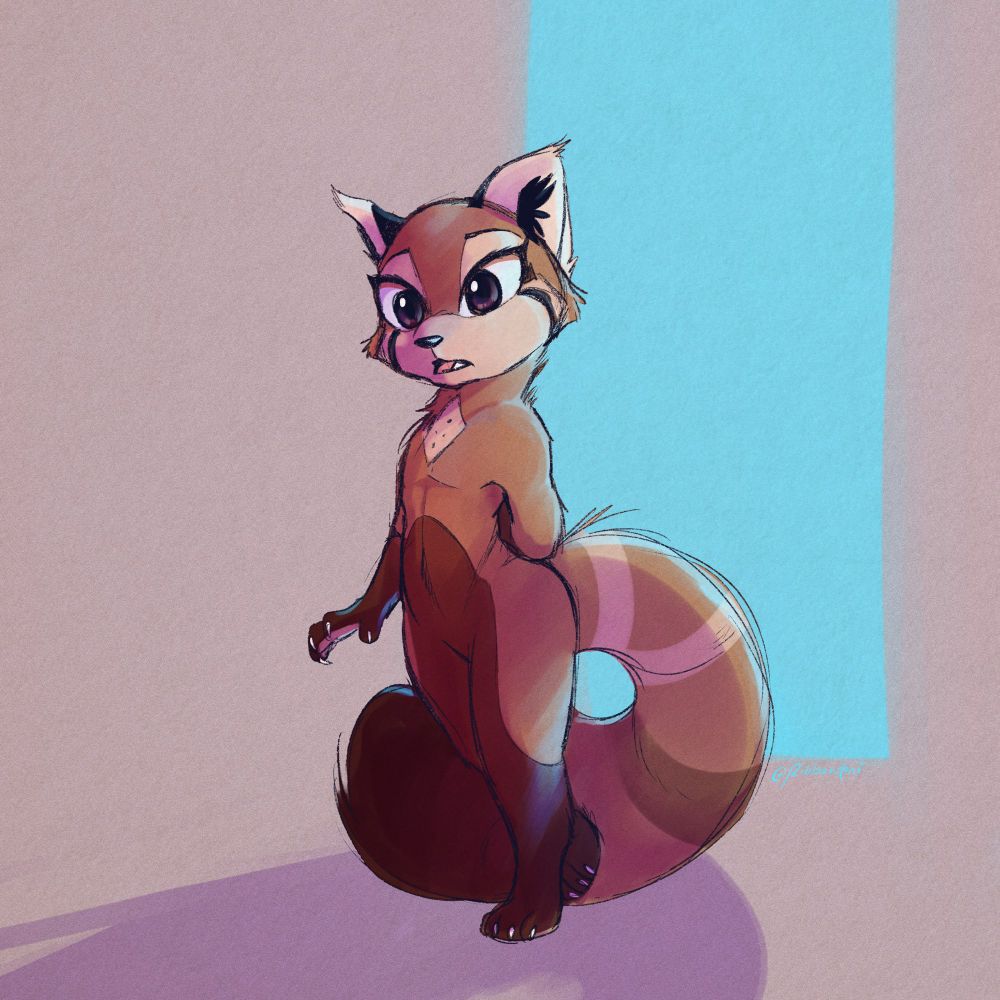 A drawing of a red panda looking curious, with a long bright blue rectangle behind her as if she’d just stepped into a corridor. Soft blue light reflects her neck facing the rectangle, and her shadow casts in front of her.