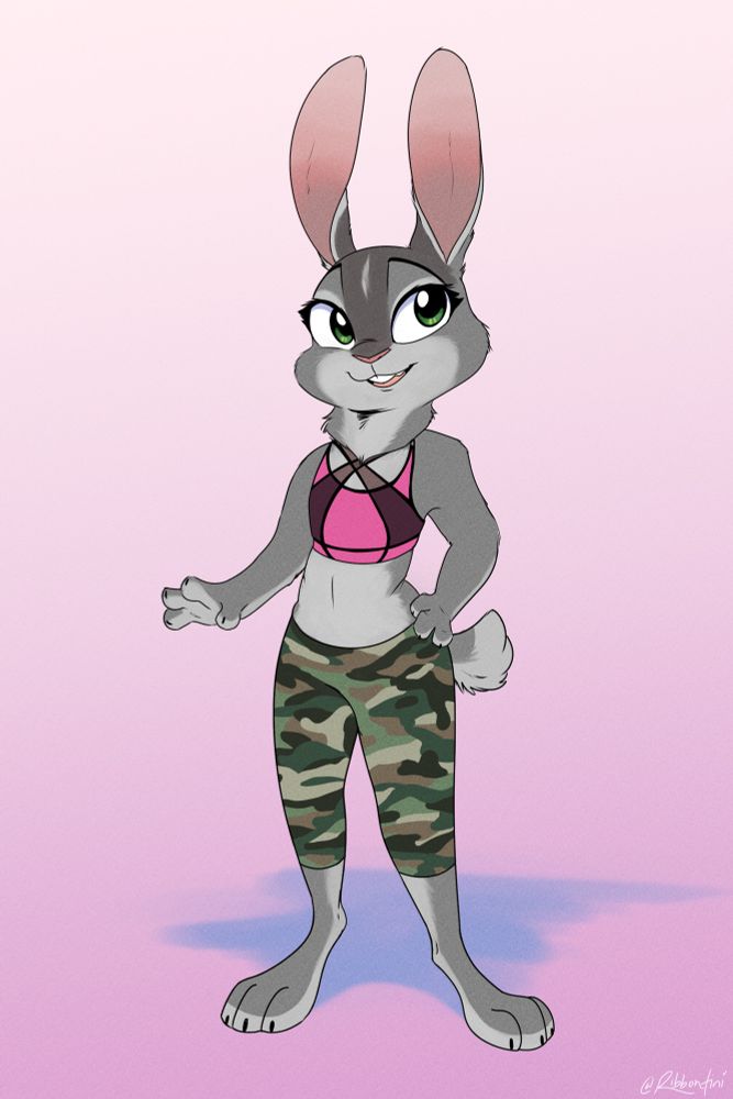 A drawing of a posing gray bunny character dressed in a pink sports bra and camo pattern capris.