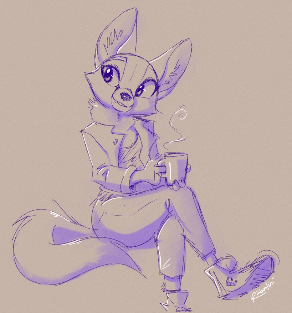 a shaded sketch of a fox-like character sitting with a warm drink. she is wearing a jacket, jeans that stop at her ankles, and some high-top sneakers. she is smiling softly with one of her fangs showing.