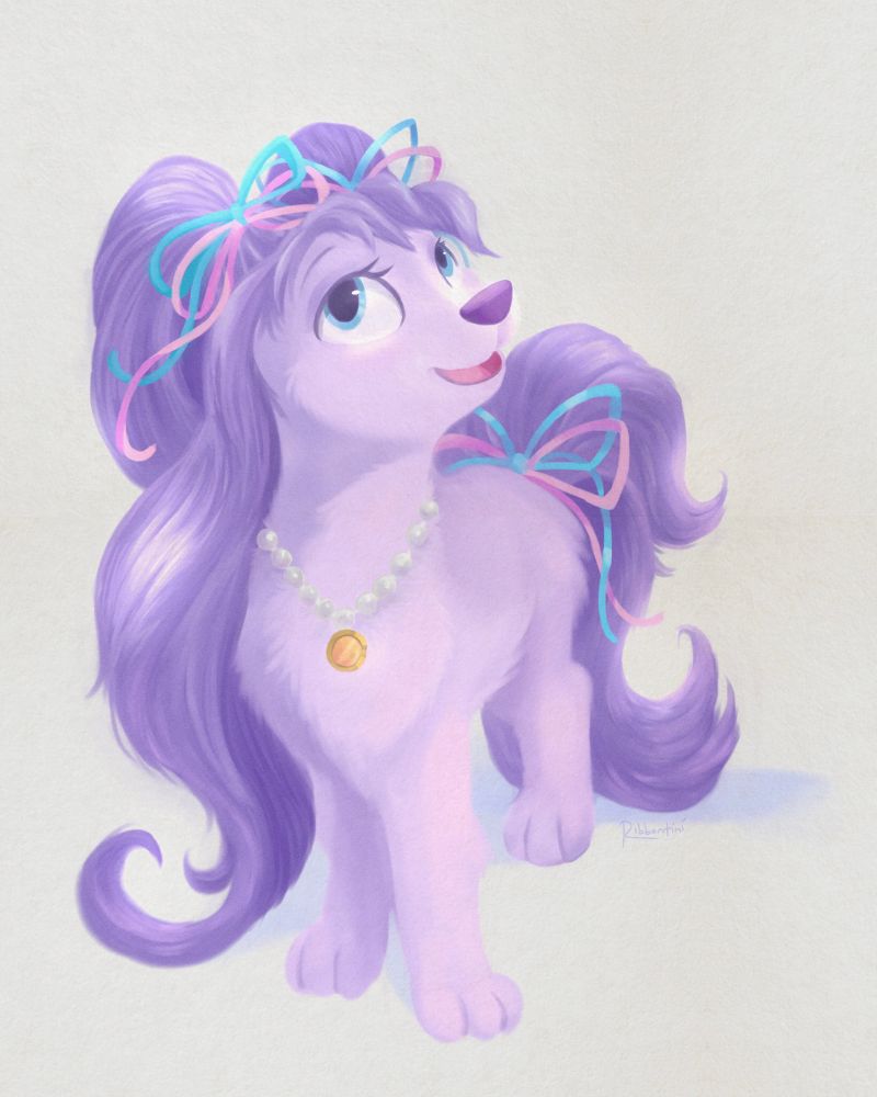 A painting of a cute and fluffy pink and purple canine character, with long flowy fur skin to hair for her ears, with a different shade of pink and cyan ribbons in her hair and tail. Around her neck are a collar of pearls, with a golden circle tag with a paw print on it.