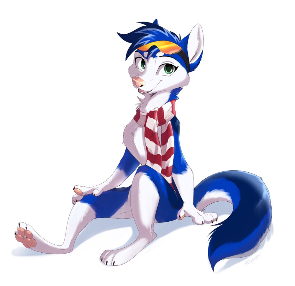 A drawing of a sitting blue husky character dressed in a striped red and white scarf and orange gradient goggles resting on her forehead.