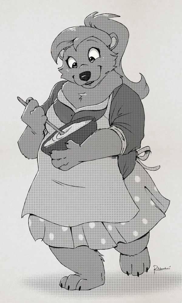 A greyscale toned drawing of a plus-sized bear character with a ponytail, smiling as she’s excitedly hand-mixing a bowl of cake batter that she’s about to bake. Her sleeves are rolled up to near her elbows, and her skirt has polka dots on it. She also wears an apron over top of her outfit, with its tied bow being visible on her back.