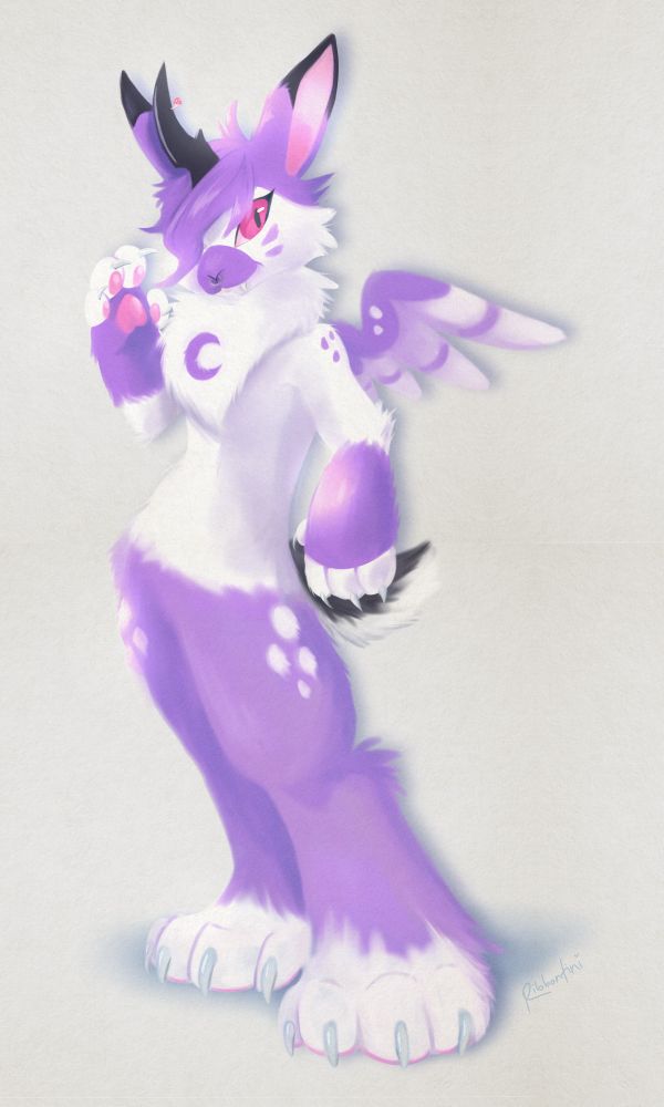 A painting of a fluffy white and lavender anthropomorphic rabbit character with accentuated claws, with a curved black horn on their head and small wings on their back. They have bright red eyes looking at the viewer.