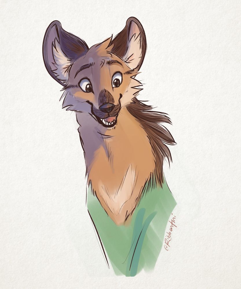 A headshot drawing of my husband’s maned wolf character, wearing a green sweater and smiling.