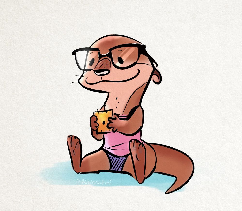A drawing of a chibi otter character with glasses, smiling widely as she holds a cheezit snack.