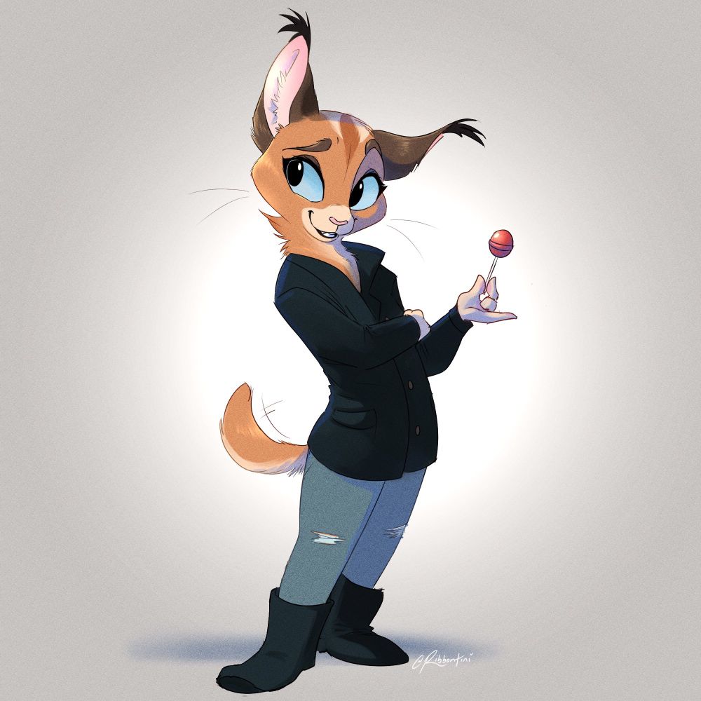 A drawing of a caracal character, wearing a dark penny coat, ripped jeans at the knees, and short dark boots, holding a red lollipop and smiling.