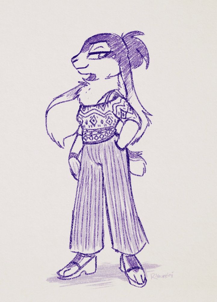 A shaded sketch of my s’mores bunny character, in high-waisted pants, sandals with a bit of heel, and a geometric-patterned shirt Bardot-style shirt with three quarter sleeves rolled up a bit.