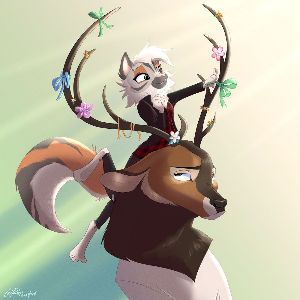 A drawing of a giddy gray tabby cat character putting various colorful bows on the antlers of a displeased-looking deer character.