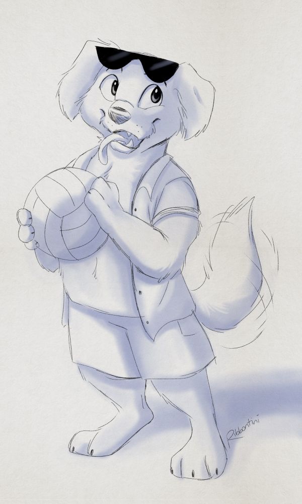 A shaded sketch of an anthropomorphic dog character with scruffy ears. He is in beach attire, wearing sunglasses on his forehead, an unbuttoned shirt, and swim trunks. He is holding a volleyball excitedly as if he wants to play, with his tongue sticking out in classic canine fashion.