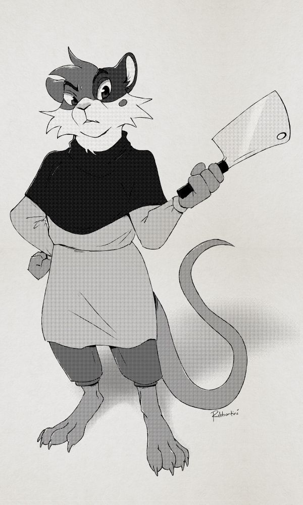 A greyscale toned drawing of an anthropomorphic rat-like character, holding a butcher’s knife in one hand with his other curled into a fist at his hip. He is raising a brow in an inquisitive, but confident expression, and is wearing a black cloak over his baggy tunic and pants.