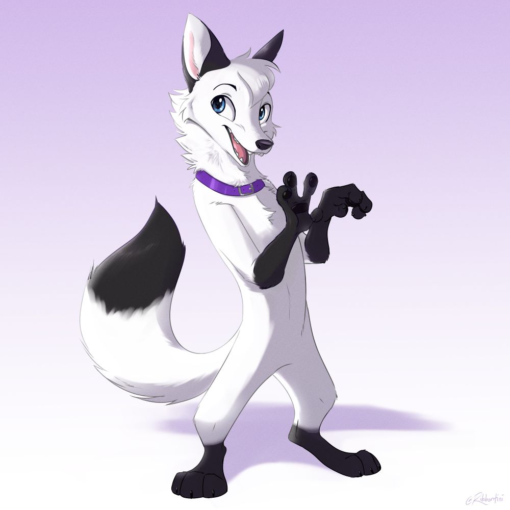 A drawing of a smiling white fox with black markings, making kneading gestures with their paws.