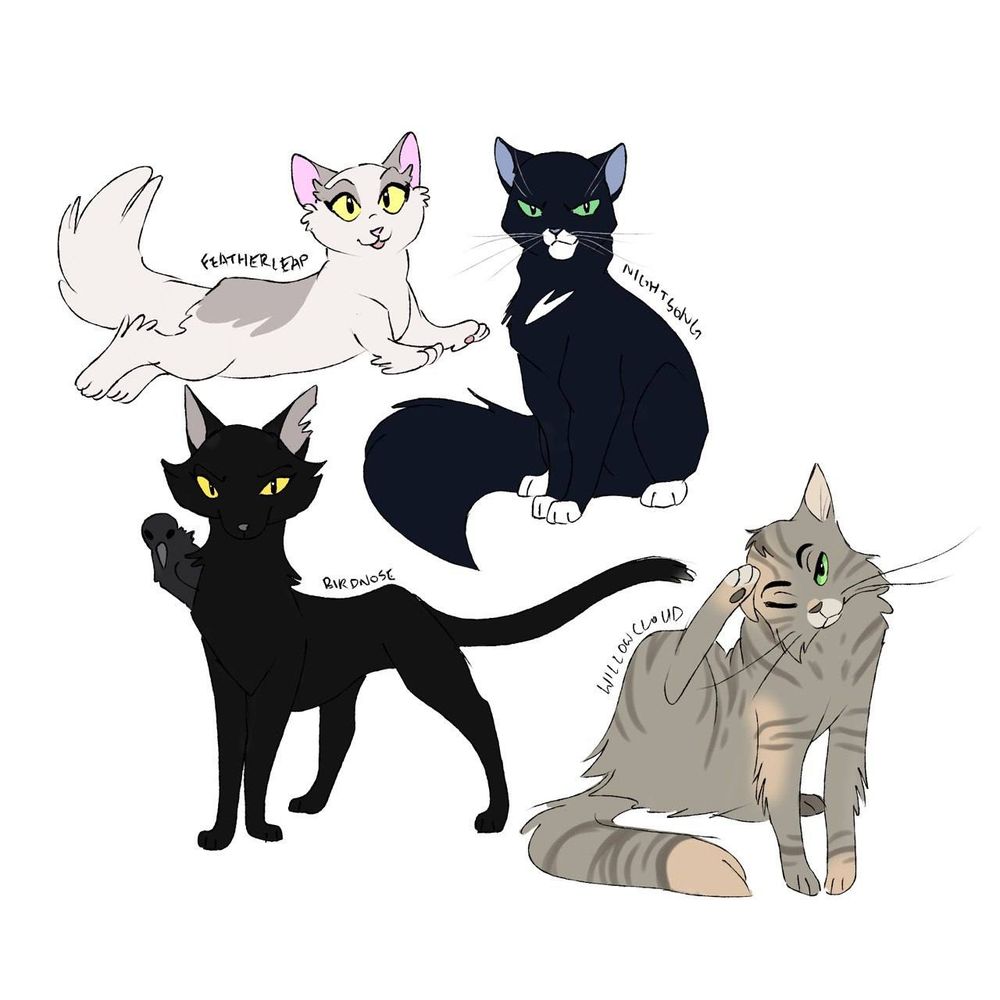 A rough colored drawing of four cats: Featherleap, a small off-white cat with light brown markings and yellow eyes, and fluffy fur that look like wings on all her feet; Nightsong, a tuxedo cat with white paws, green eyes, and a fluffy tail; Birdnose, a black cat with a crow familiar on their shoulder; and Willowcloud, a grey-brown tabby with splotches of dusty ginger, and green eyes.