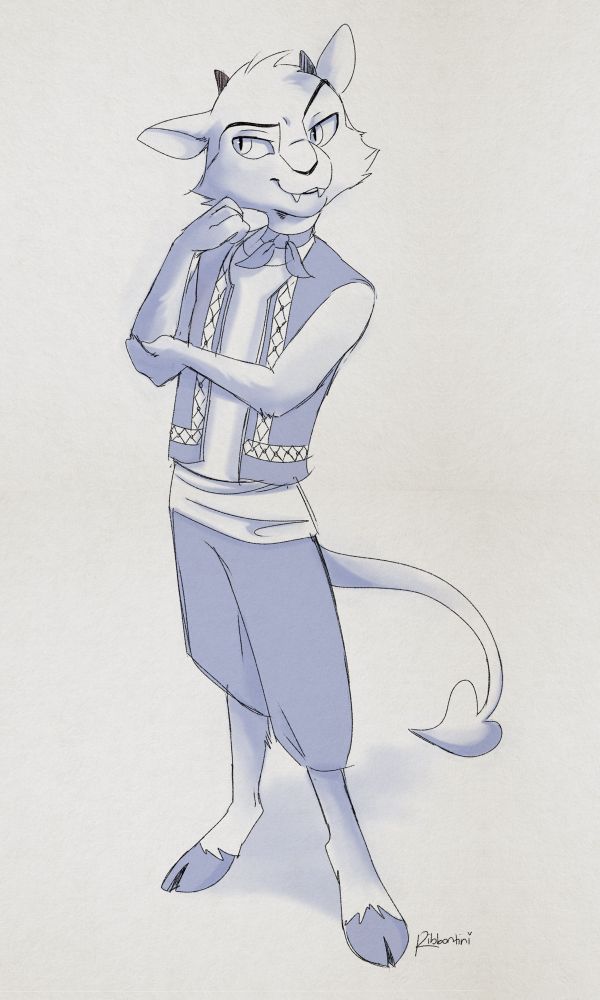 A shaded sketch of an anthropomorphic smug-looking Ixi Neopet character. They are wearing a neck scarf and a vest, as well as baggy pants that stop just below the knee. 