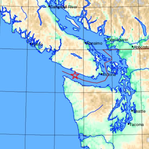 Earthquakes Canada says a 3.6 Magnitude earthquake Monday night was lightly felt on southern Vancouver Island. The quake happened at 7:17 p.m., about 18 kilometres southeast of Port Renfrew, at a depth of 35 kilometres. Early notifications of the earthquake had it measured at 4.1 magnitude. There are no reports of damage, and officials say none would be expected.