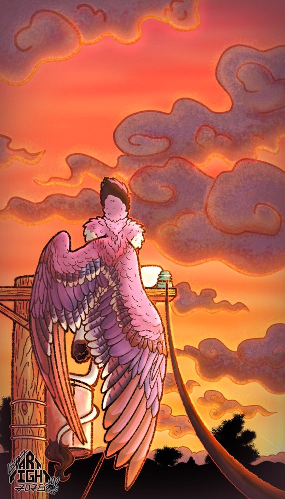 I blue jay gryphon sits on top of an old telephone wire pole, the sky light up with the firey oranges of sunset. ArtFight
