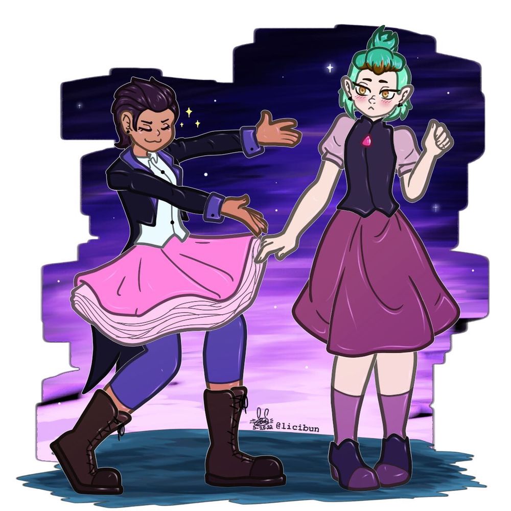 Luz and Amity from The Owl House doing the Tom Holland and Zendeya meme pose