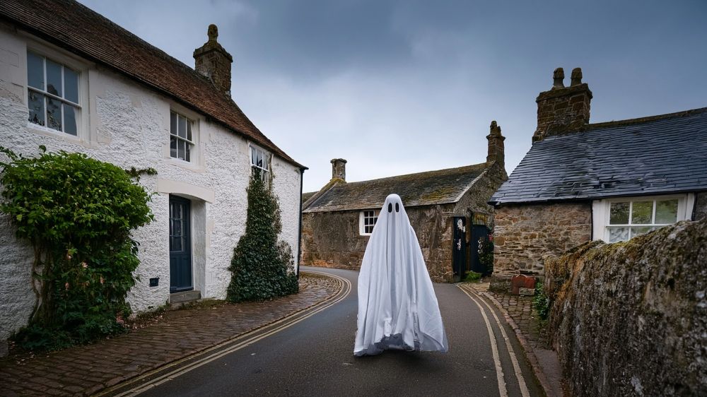 A photograph of a ghost seen walking through a Devon village