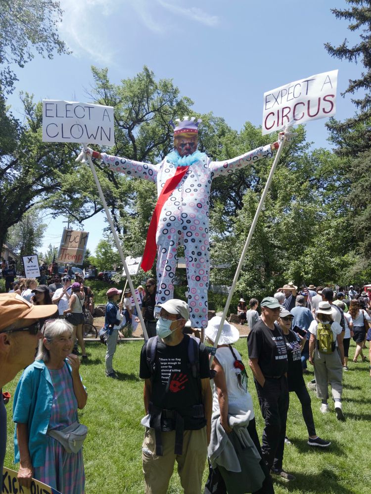 An elect a clown, expect a circus protester with a full-size mannequin of shitler standing on his back