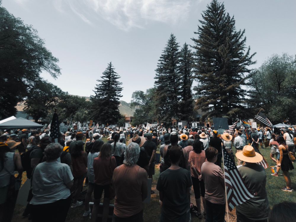 Hundreds of people attend the no kings protest in Buckley park, in the rural mountain town of Durango Colorado. 