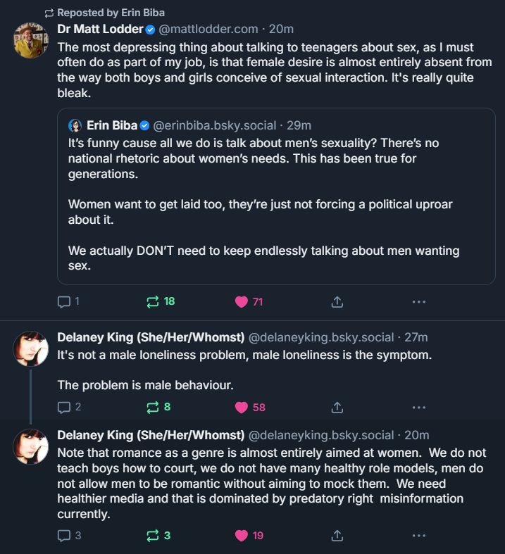 Post by user "mattlodder.com" quoting post by user "erinbiba.bsky.social" that reads as follows:

"It’s funny cause all we do is talk about men’s sexuality? There’s no national rhetoric about women’s needs. This has been true for generations.
Women want to get laid too, they’re just not forcing a political uproar about it.
We actually DON’T need to keep endlessly talking about men wanting sex."

mattlodder.com's quote reply is as follows:

"The most depressing thing about talking to teenagers about sex, as I must often do as part of my job, is that female desire is almost entirely absent from the way both boys and girls conceive of sexual interaction. It's really quite bleak."

Beneath these are two posts from user "delaneyking.bsky.social" that read as follows:

"It's not a male loneliness problem, male loneliness is the symptom.
The problem is male behaviour."

"Note that romance as a genre is almost entirely aimed at women.  We do not teach boys how to court, we do not have many healthy role models, men do not allow men to be romantic without aiming to mock them.  We need healthier media and that is dominated by predatory right  misinformation currently."
