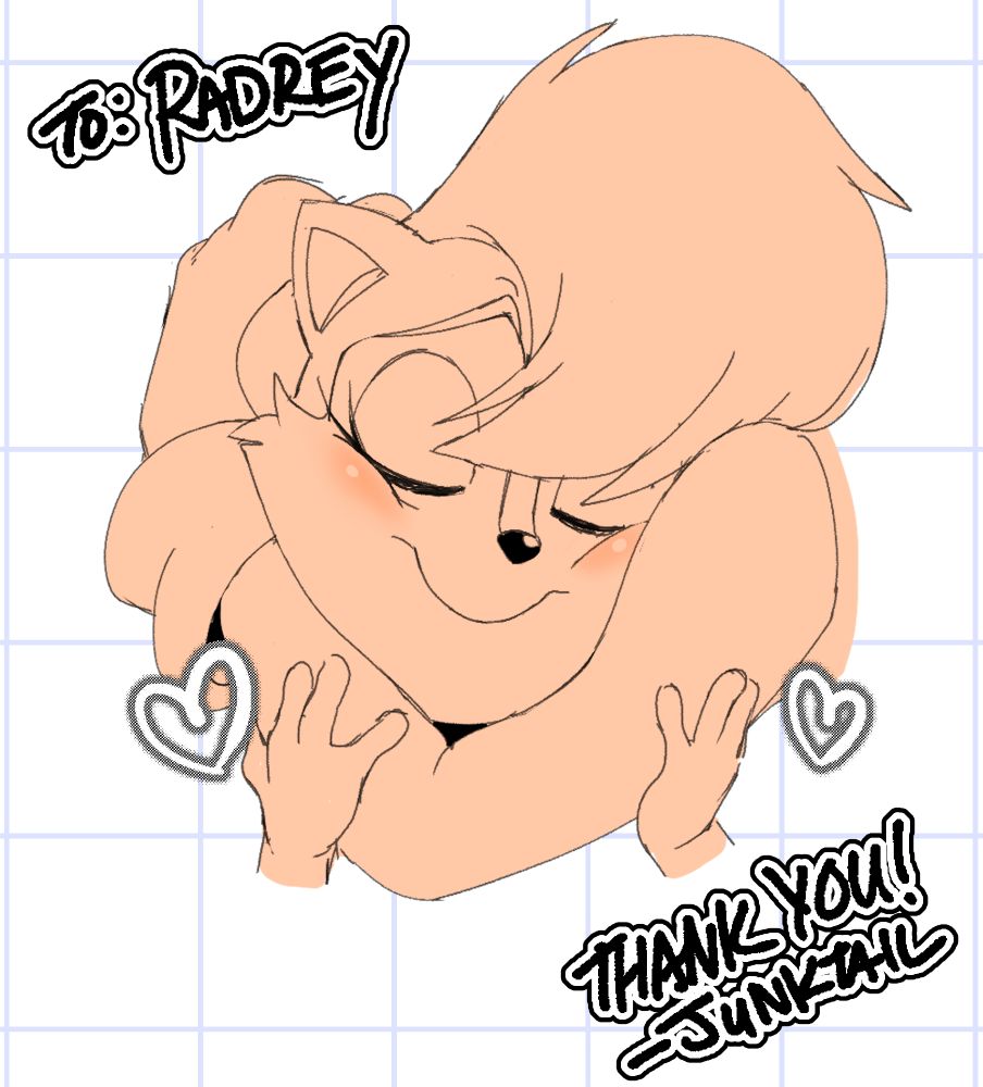 Sally Acorn resting her head in the crook of Sonic's arm as he holds her to him, her cheeks being squished ever-so-slightly. Sonic's hand rests on the top of the back of Sally's head. Sally's eyes are closed as she smiles, blushing softly as she enjoys the embrace. The handwritten text on the drawing reads "To: Radrey. Thank you! -JUNKTAIL."
